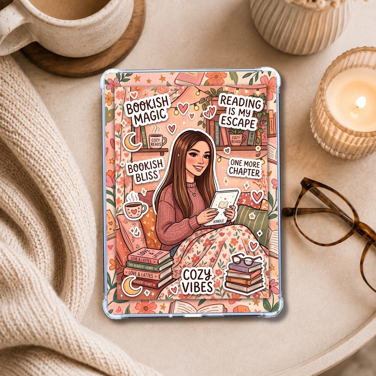 Brunette Bookish Bliss shown on an eReader in a styled setting