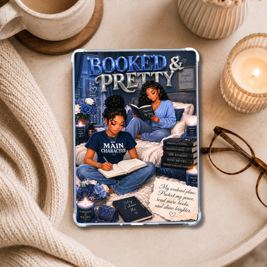 Bubble Letter Royal Blue Black Girl Reader shown on an eReader in a styled setting