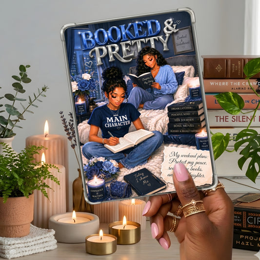 Bubble Letter Royal Blue Black Girl Reader shown on a handheld eReader