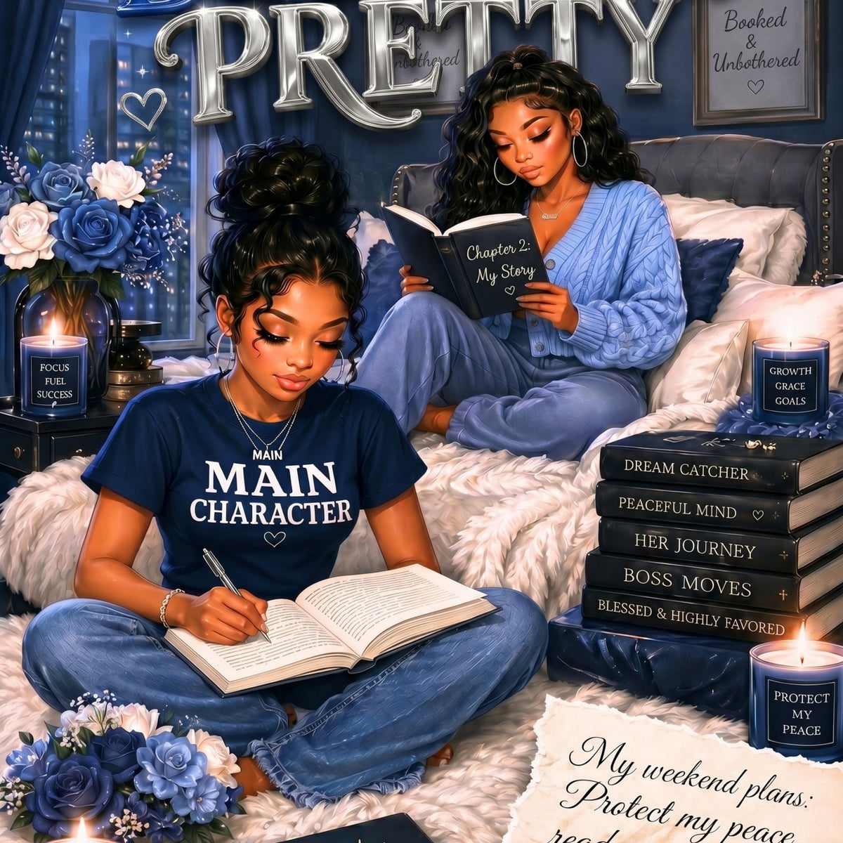 Bubble Letter Royal Blue Black Girl Reader artwork close-up