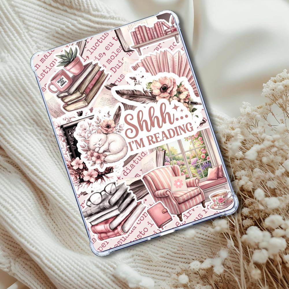 Pink and White Nook Library Scene Insert: Kindle or eReader Decor for Book Lovers