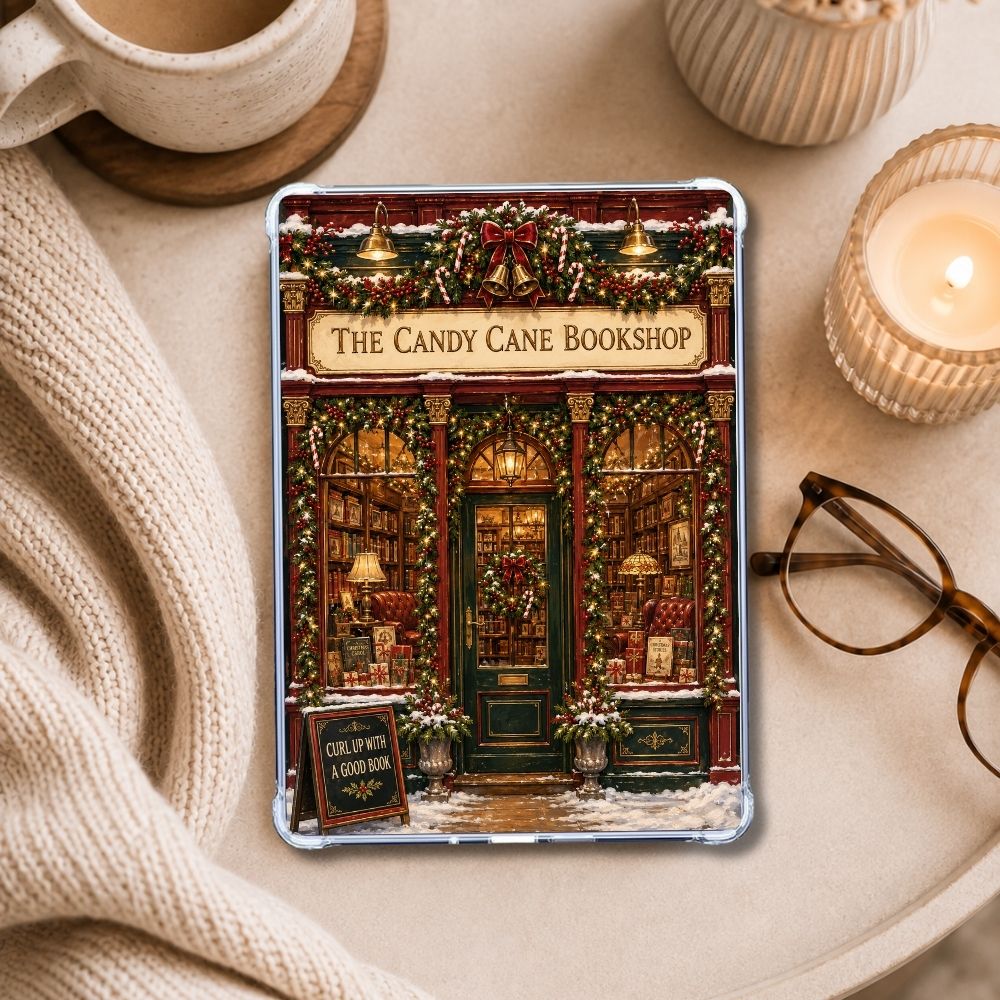 Candy Cane Bookshop Kindle insert styled in a clear eReader case
