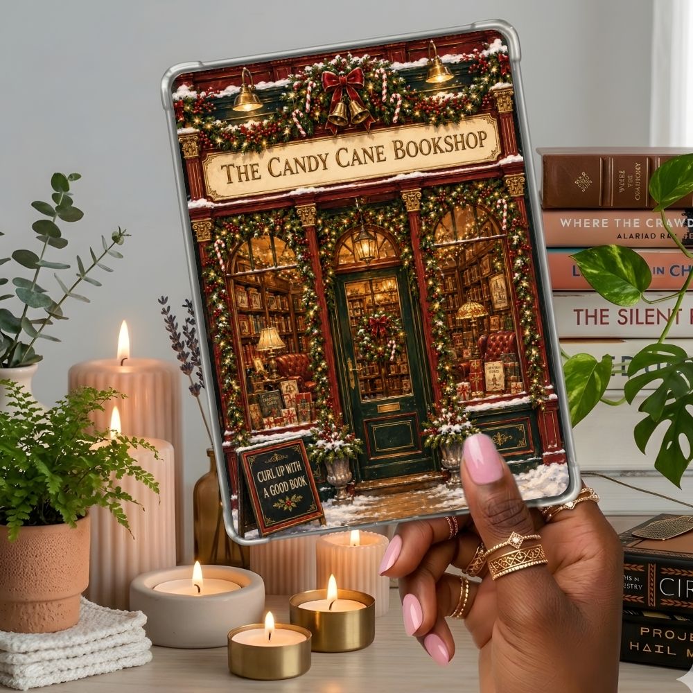 Candy Cane Bookshop Kindle insert second lifestyle view in a clear eReader case