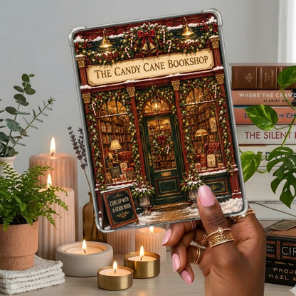 Candy Cane Bookshop Kindle insert second lifestyle view in a clear eReader case