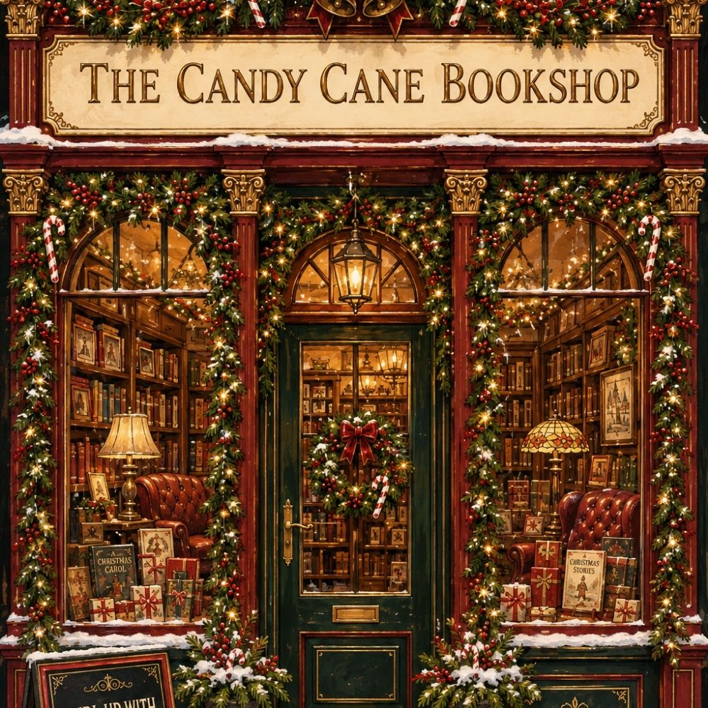 Close-up detail of Candy Cane Bookshop Kindle insert artwork