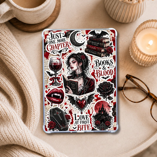 Books and Blood shown on an eReader in a styled setting