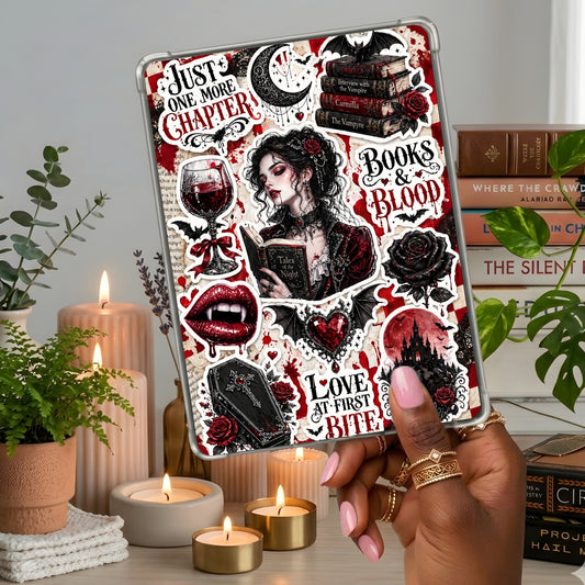Books and Blood shown on a handheld eReader