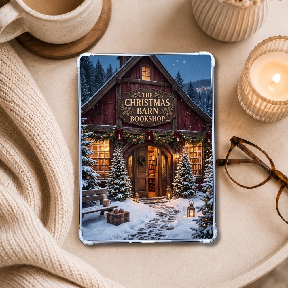 Christmas Barn Kindle insert styled in a clear eReader case