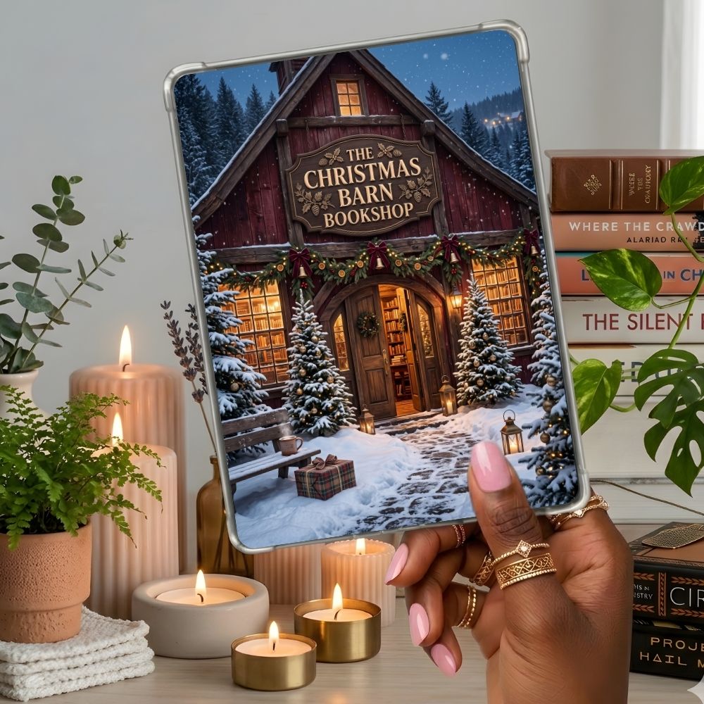 Christmas Barn Kindle insert second lifestyle view in a clear eReader case
