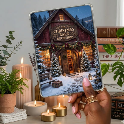 Christmas Barn Kindle insert second lifestyle view in a clear eReader case