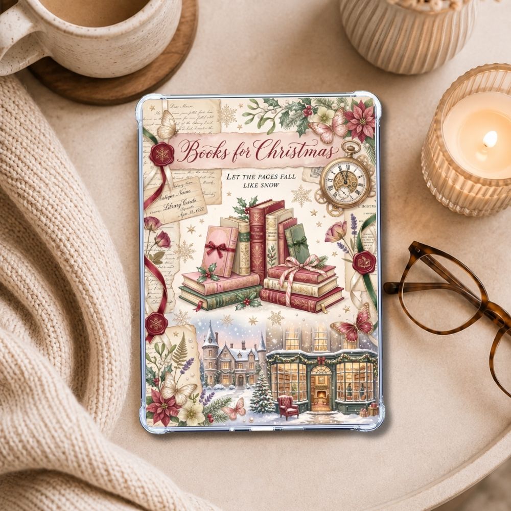 Christmas Scrapbook Kindle insert styled in a clear eReader case
