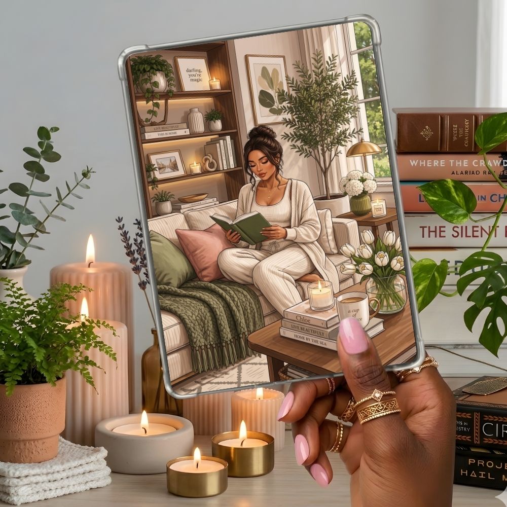 Comfy Living Green Kindle insert second lifestyle view in a clear eReader case