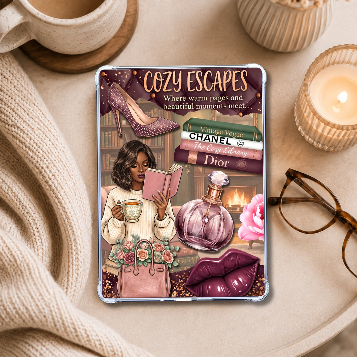 Cozy Escapes Black Girl shown on an eReader in a styled setting