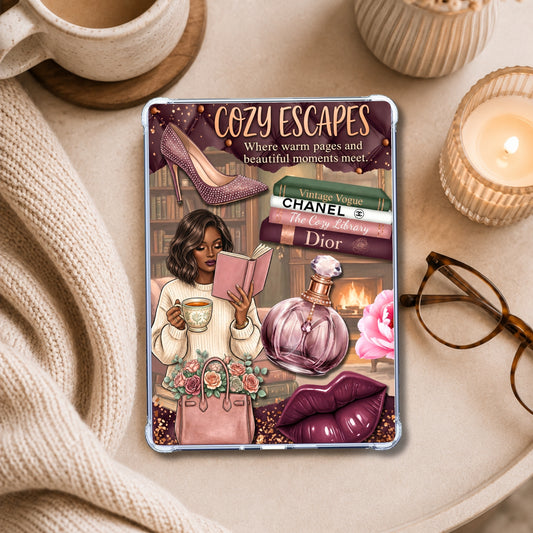 Cozy Escapes Black Girl shown on an eReader in a styled setting