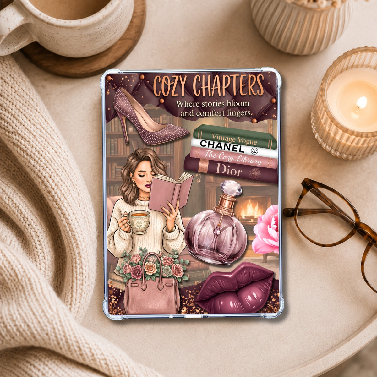 Cozy Escapes White Girl Reader shown on an eReader in a styled setting