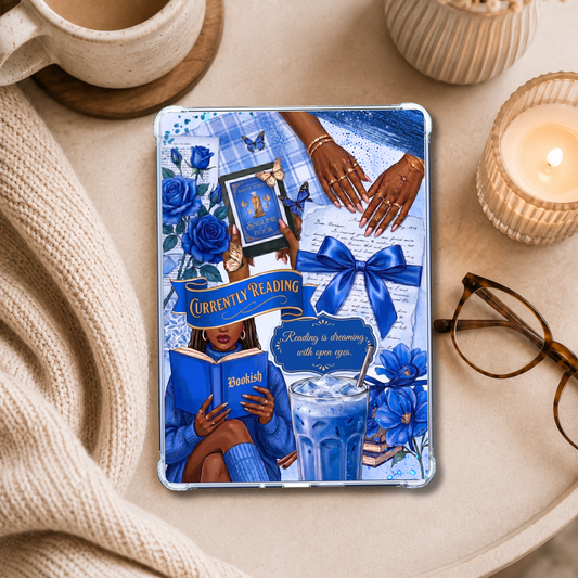 Currently Reading Blue Melanin Girl shown on an eReader in a styled setting