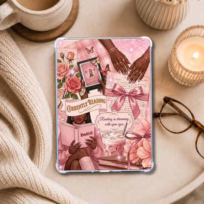 Currently Reading Pink Melanin Girl shown on an eReader in a styled setting
