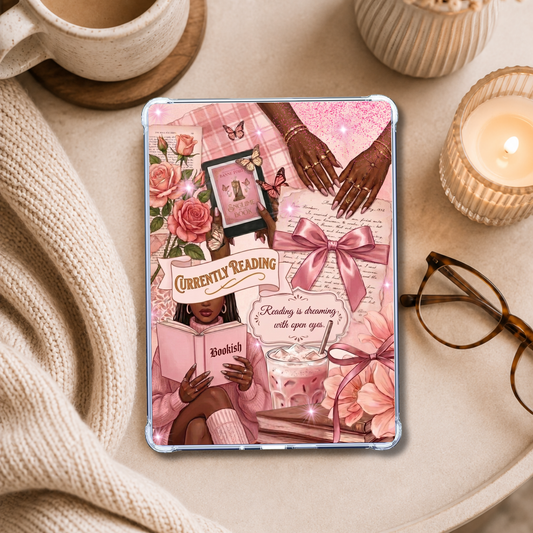 Currently Reading Pink Melanin Girl shown on an eReader in a styled setting