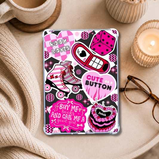 Cute As a Button Retro Look shown on an eReader in a styled setting