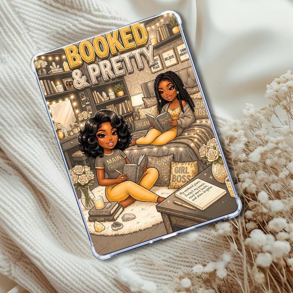 Gray and Yellow Booked & Pretty Black Girl: Kindle or eReader Decor for Book Lovers