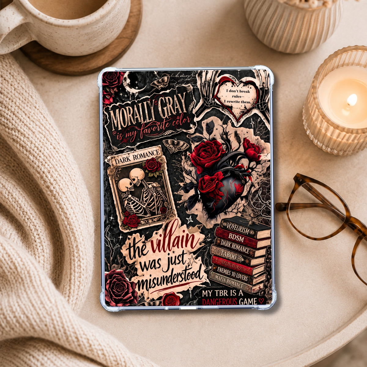 Dark and Morally Gray shown on an eReader in a styled setting