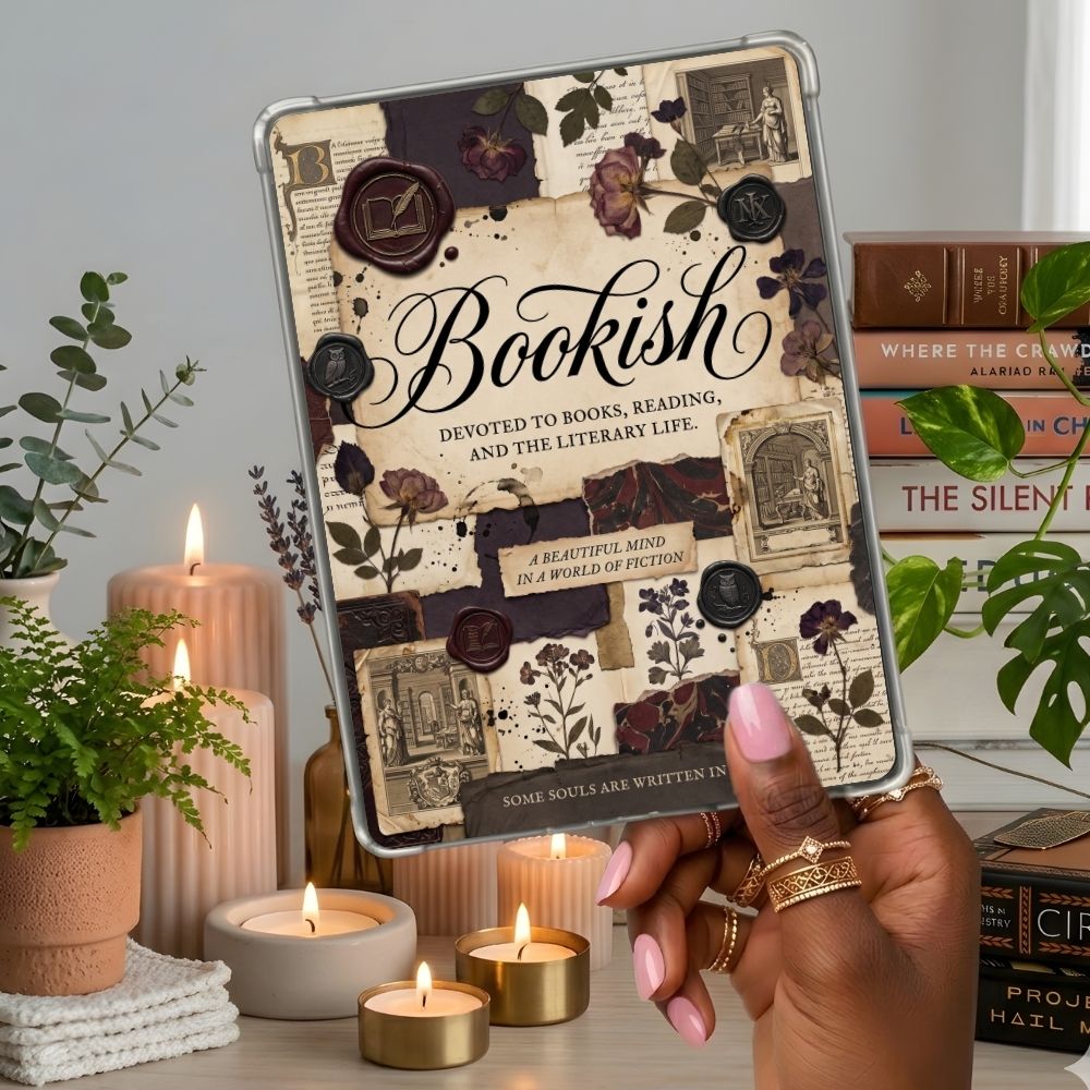 Dark Bookish Reader Kindle insert second lifestyle view in a clear eReader case