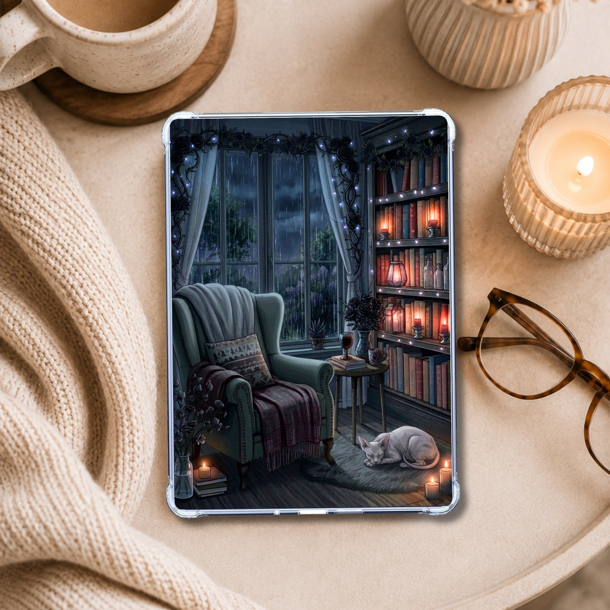 Dark & Rainy Gothic Sphynx Nook shown on an eReader in a styled setting