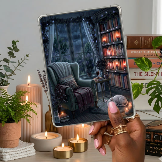 Dark & Rainy Gothic Sphynx Nook shown on a handheld eReader