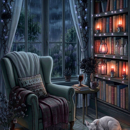Dark & Rainy Gothic Sphynx Nook artwork close-up