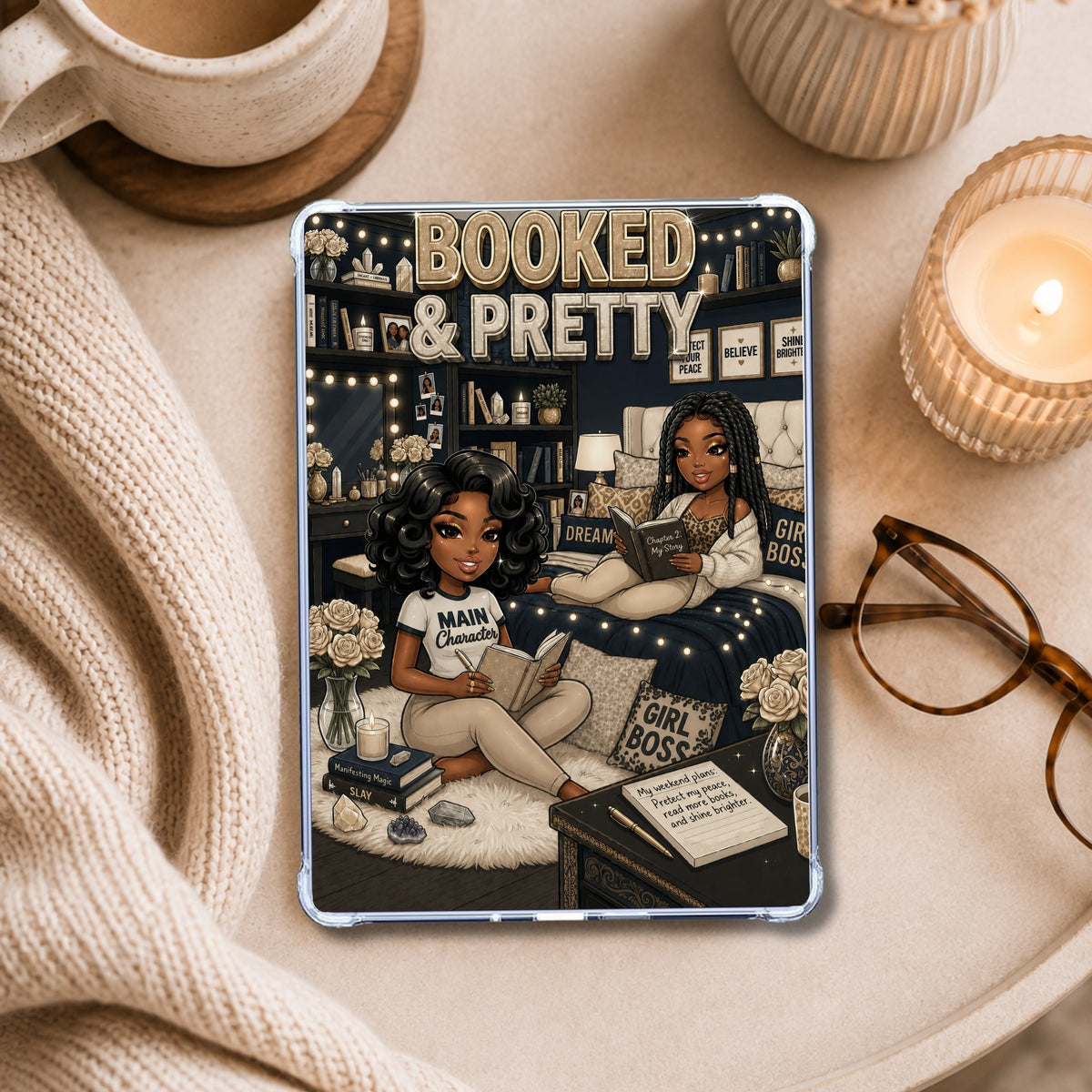 Denim and Khaki Booked & Pretty Black Girl shown on an eReader in a styled setting