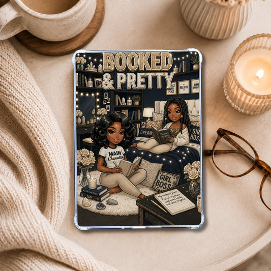 Denim and Khaki Booked & Pretty Black Girl shown on an eReader in a styled setting