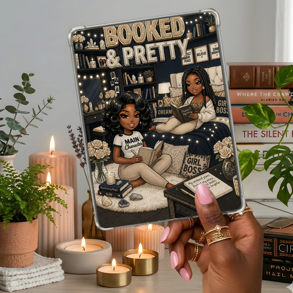 Denim and Khaki Booked & Pretty Black Girl shown on a handheld eReader
