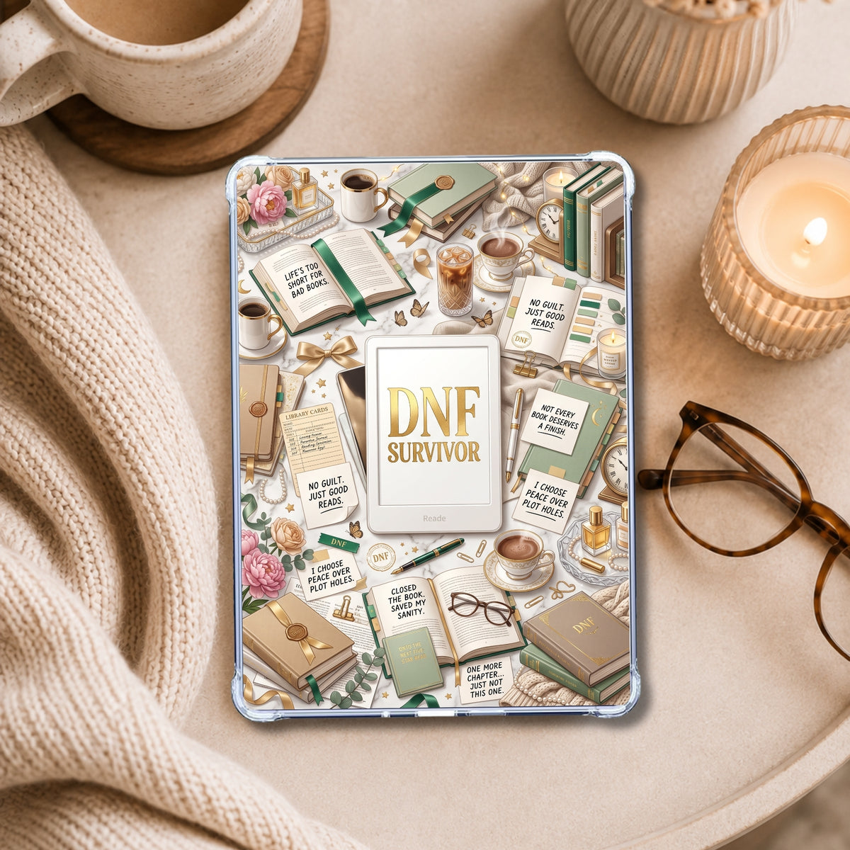 DNF Survivor shown on an eReader in a styled setting