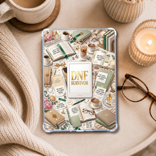 DNF Survivor shown on an eReader in a styled setting