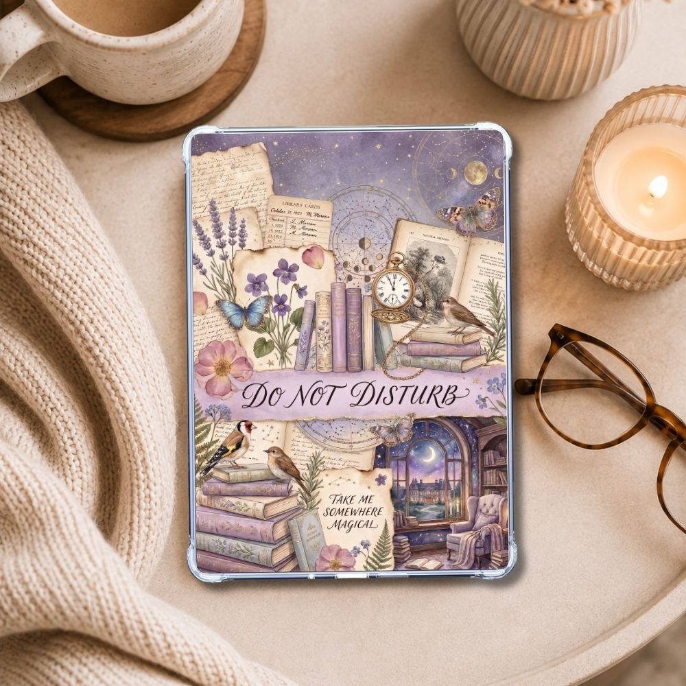 Do Not Disturb Purple Garden Kindle insert styled in a clear eReader case
