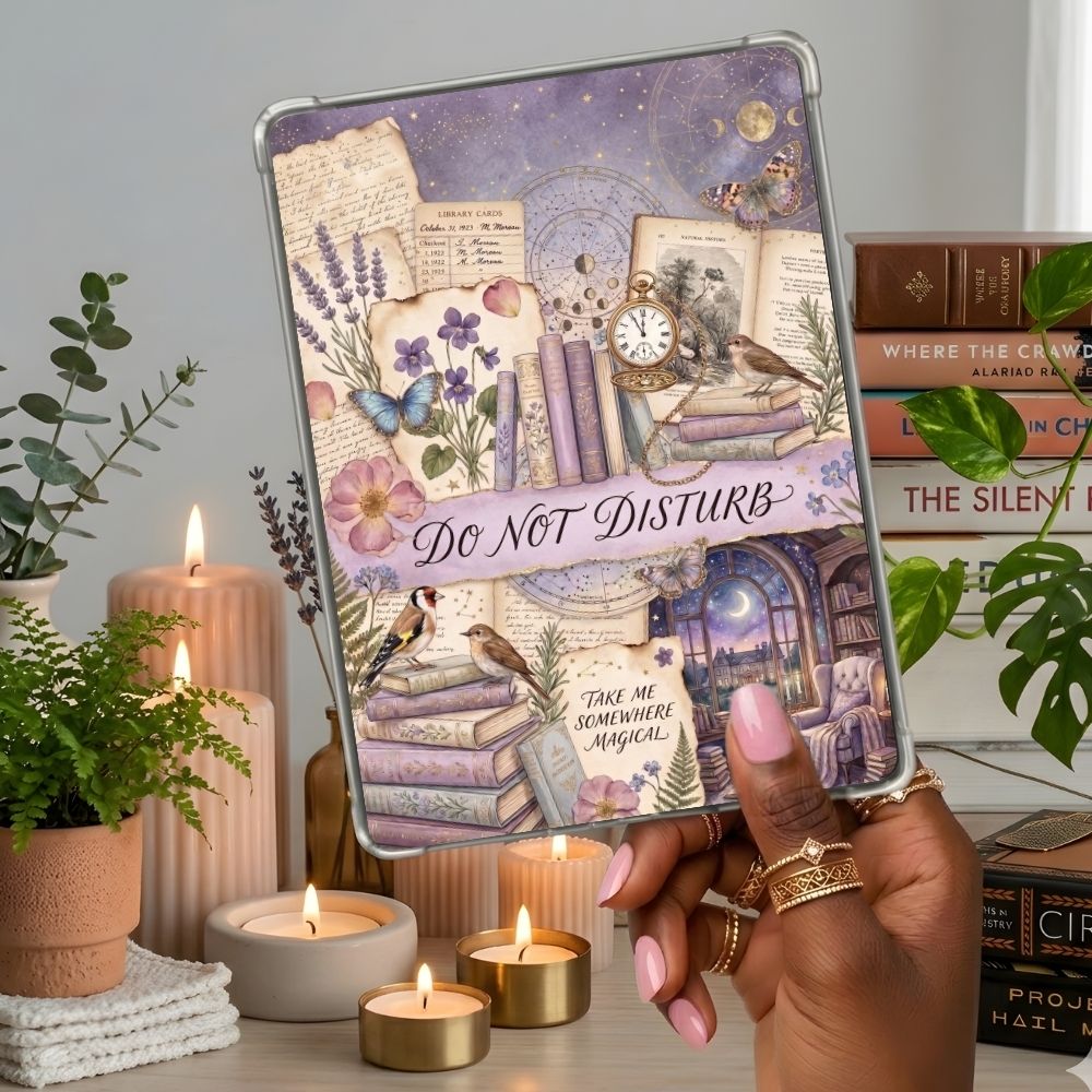 Do Not Disturb Purple Garden Kindle insert second lifestyle view in a clear eReader case