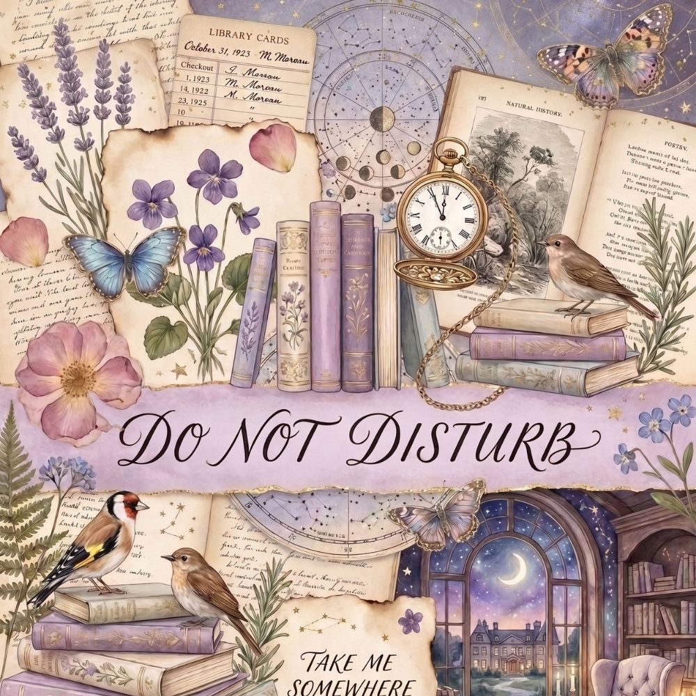 Close-up detail of Do Not Disturb Purple Garden Kindle insert artwork