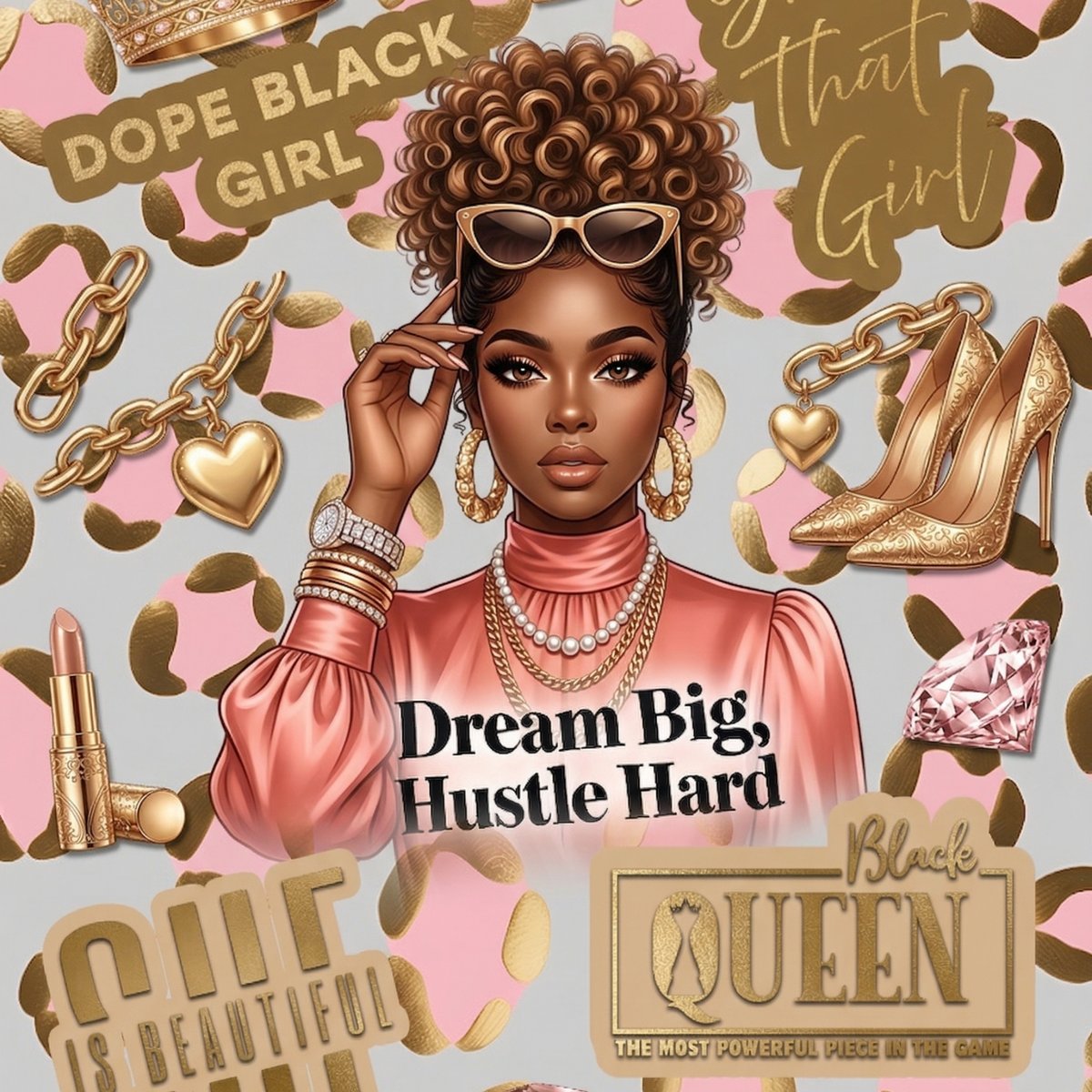 Dope Black Girl Gold and Coral artwork close-up