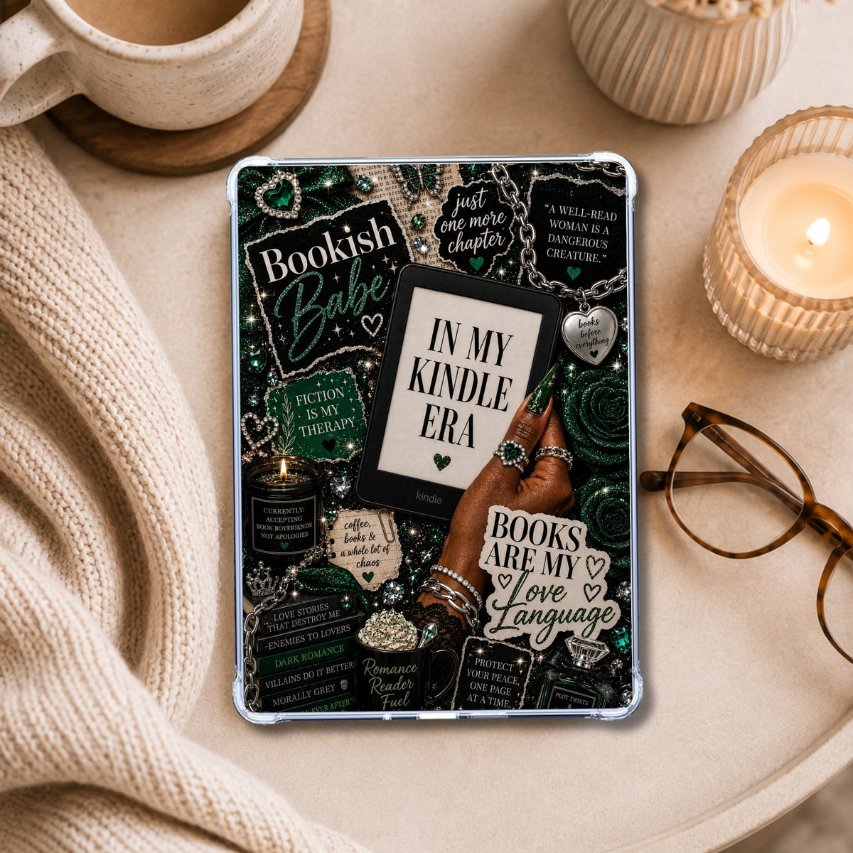 Emerald Bookish Babe shown on an eReader in a styled setting