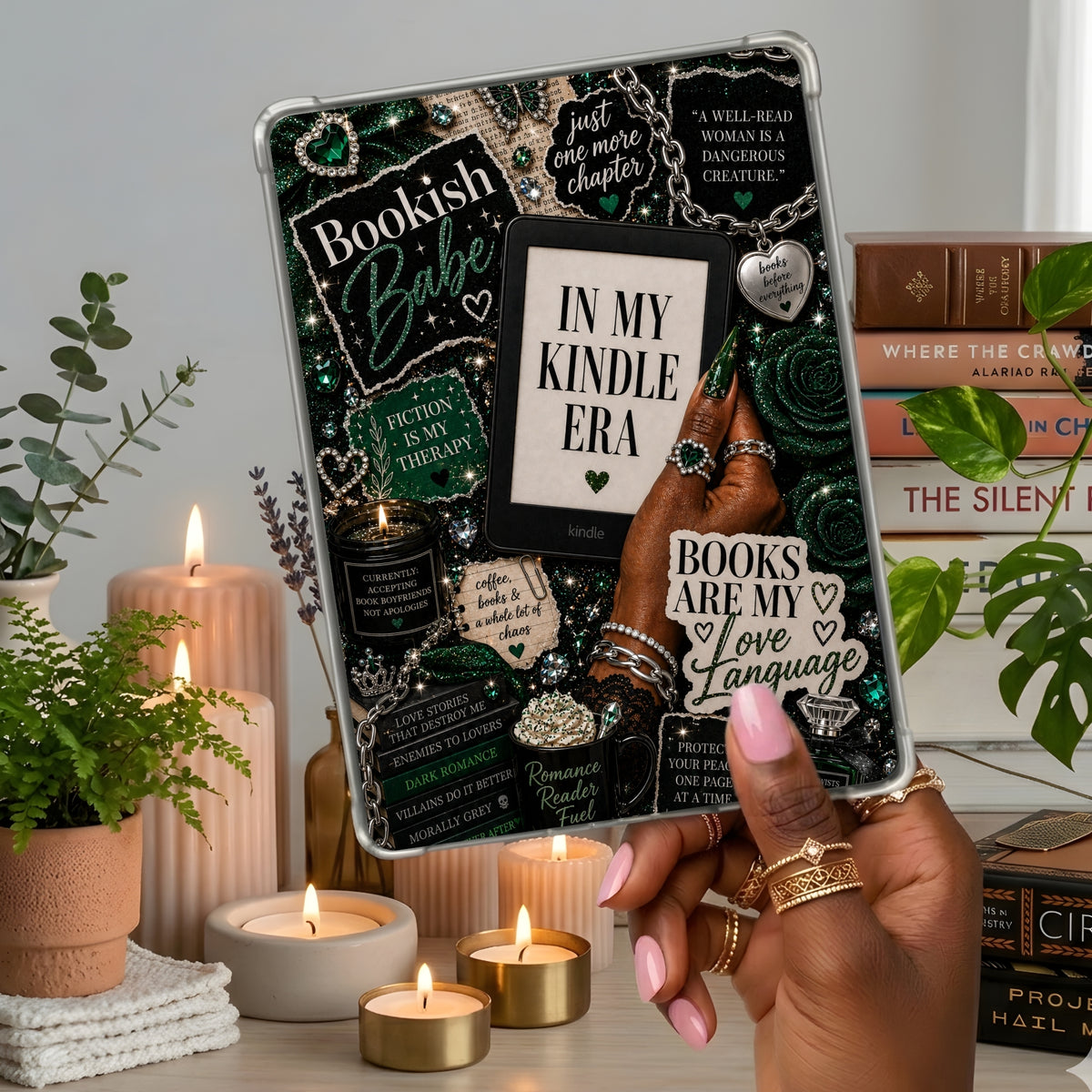 Emerald Bookish Babe shown on a handheld eReader