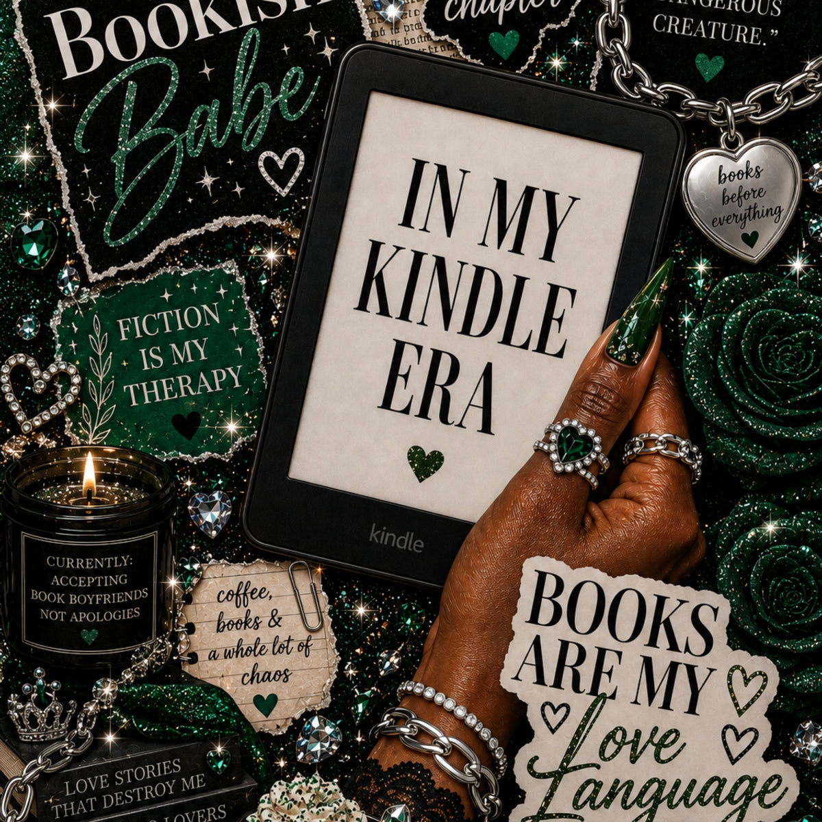 Emerald Bookish Babe artwork close-up