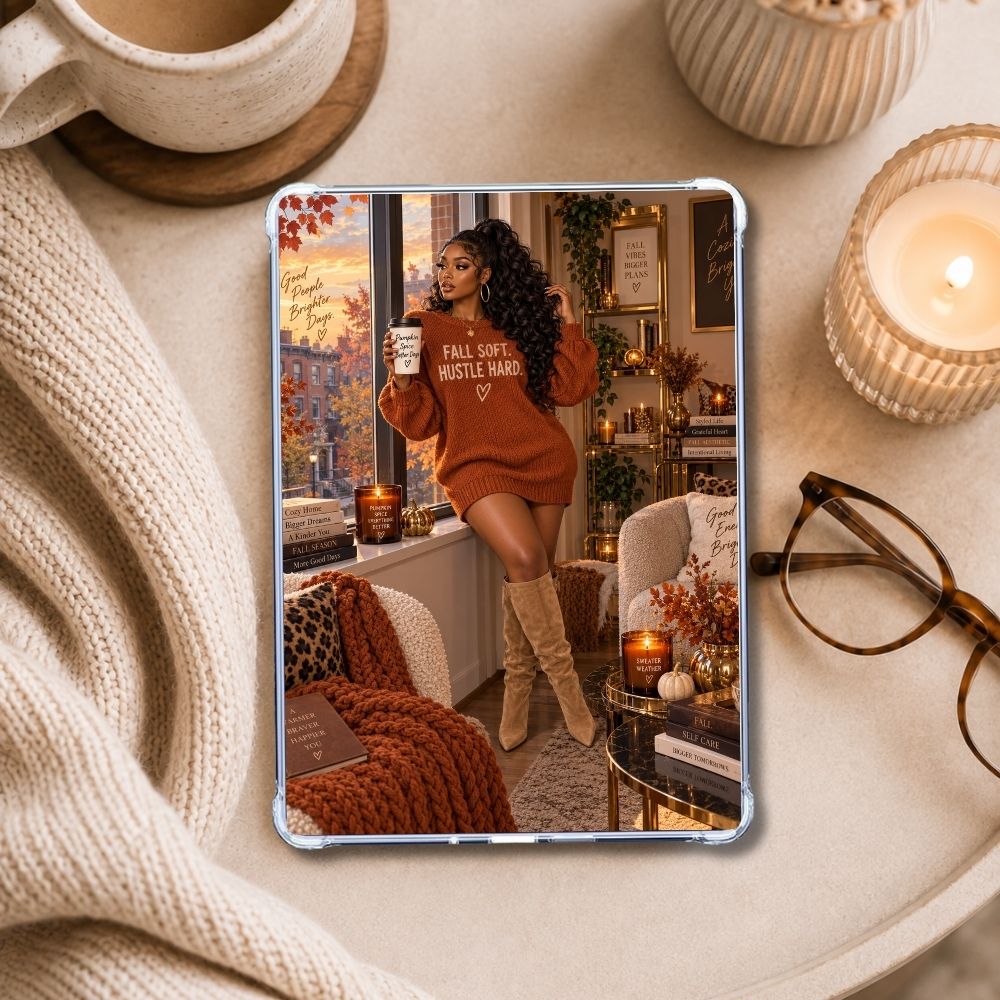 Fall Soft Hustle Hard Kindle insert styled in a clear eReader case