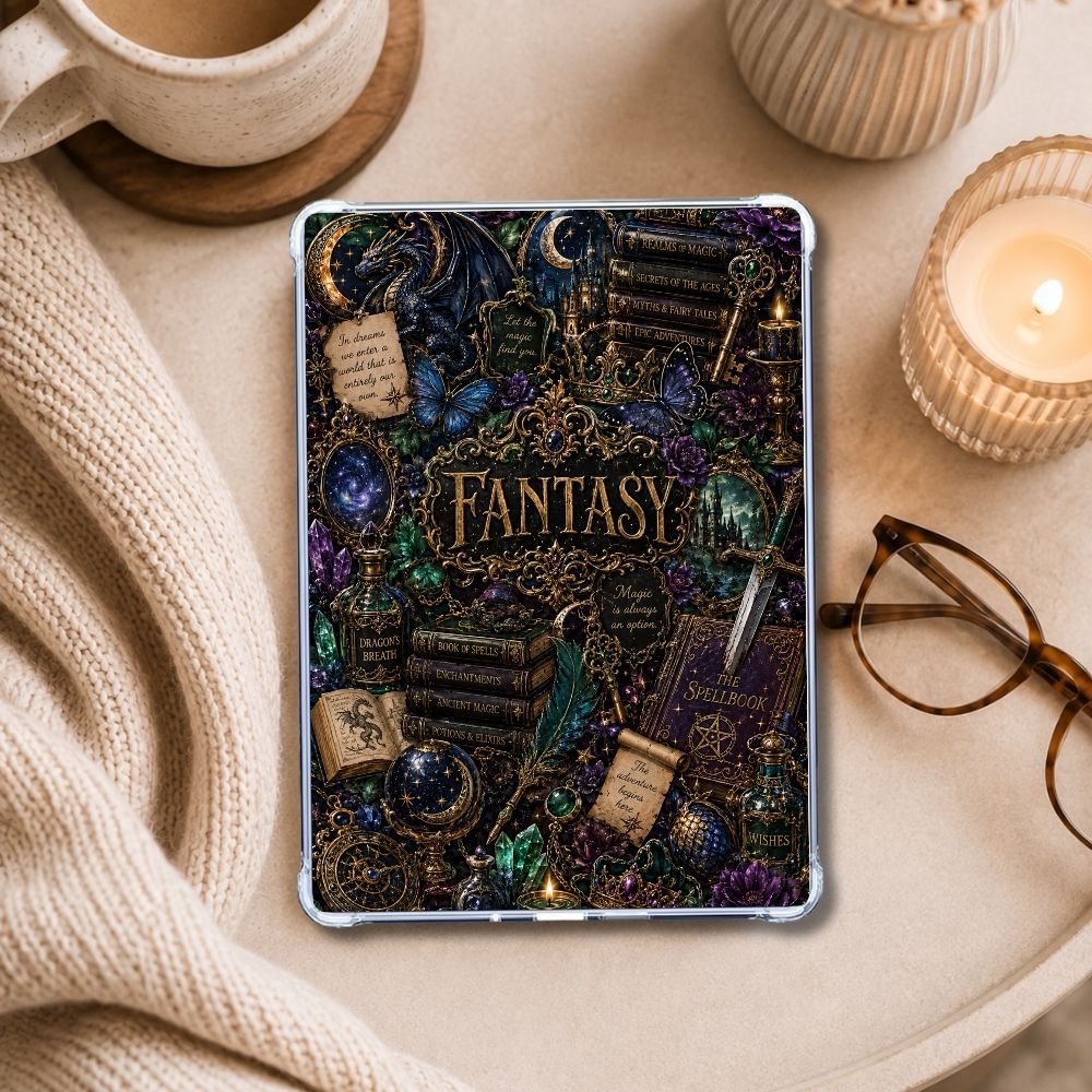 Fantasy Collage Kindle insert styled in a clear eReader case