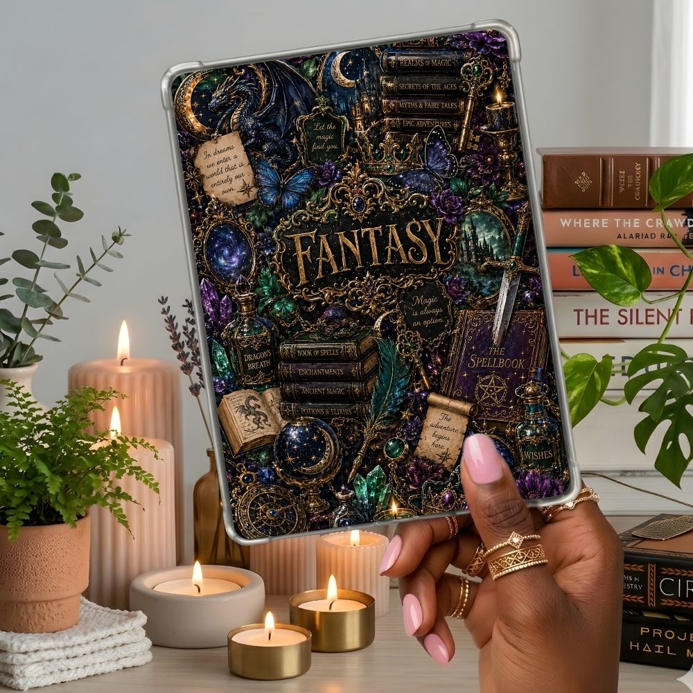 Fantasy Collage Kindle insert second lifestyle view in a clear eReader case
