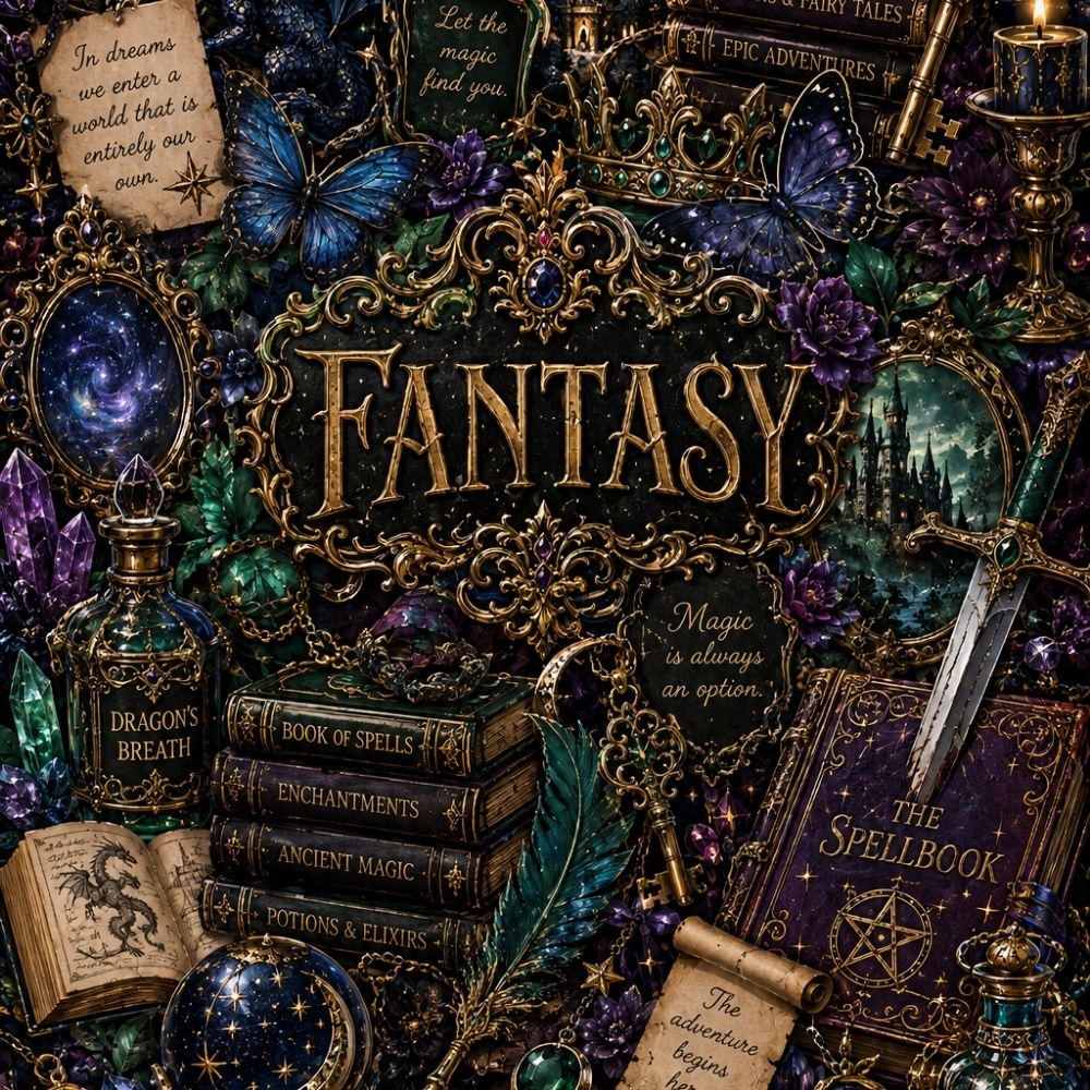 Close-up detail of Fantasy Collage Kindle insert artwork