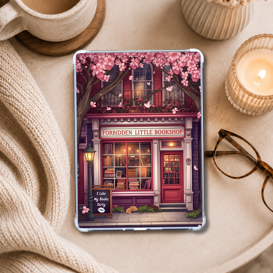 Forbidden Little Bookshop shown on an eReader in a styled setting