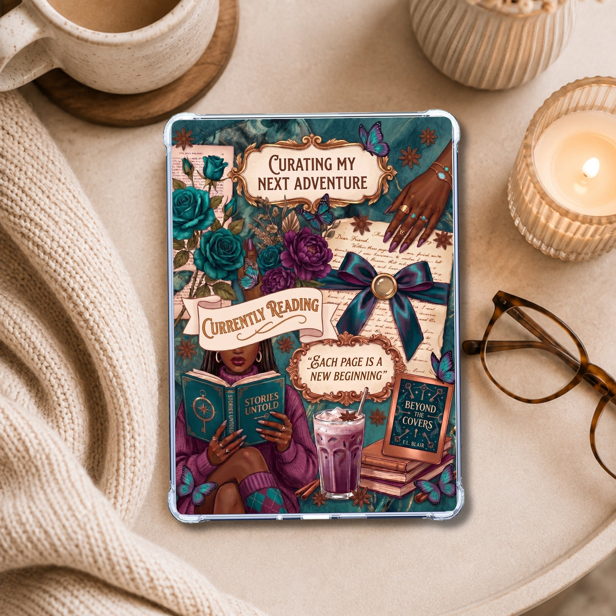 Gem Colored Currently Reading shown on an eReader in a styled setting