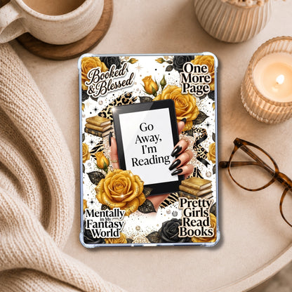 Go Away I’m Reading  Yellow shown on an eReader in a styled setting