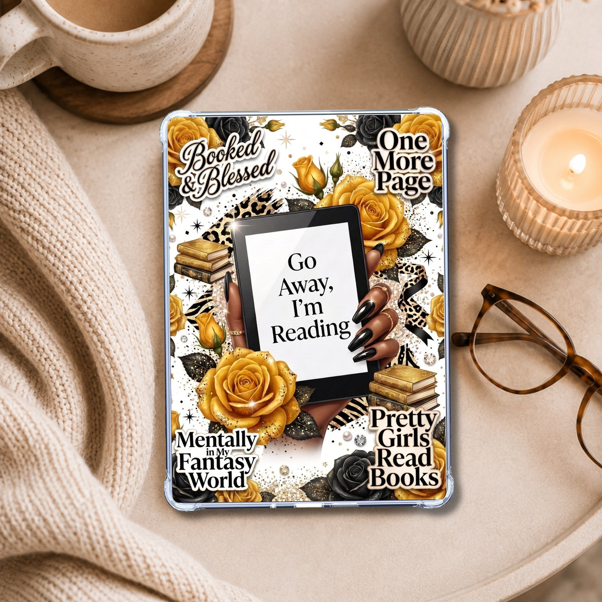 Melanin Go Away I'm Reading Yellow shown on an eReader in a styled setting