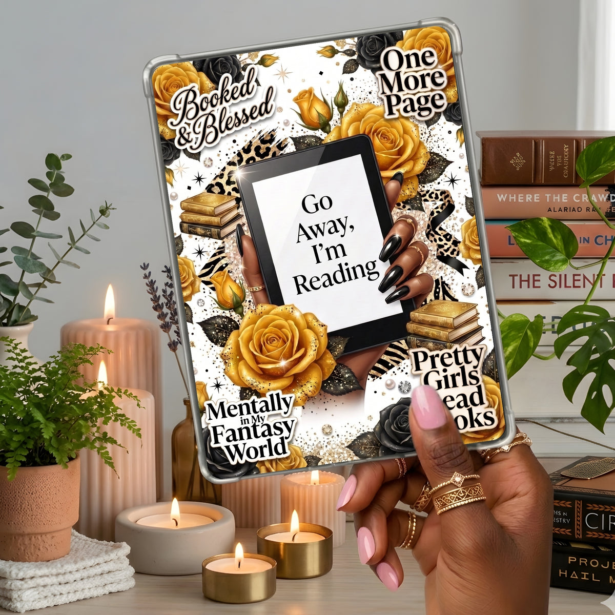 Melanin Go Away I'm Reading Yellow shown on a handheld eReader